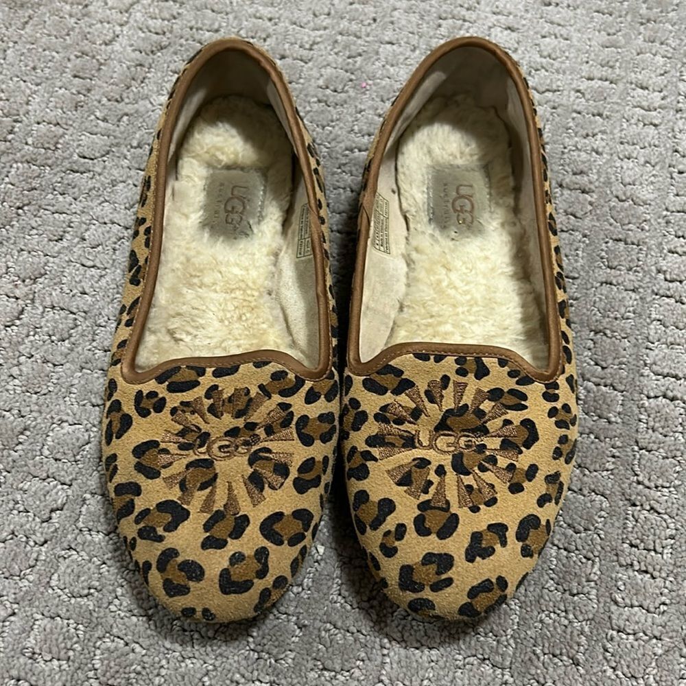 UGG Alloway Leopard Print Sherpa Lined Smoking Loafers Suede Flat Shoe